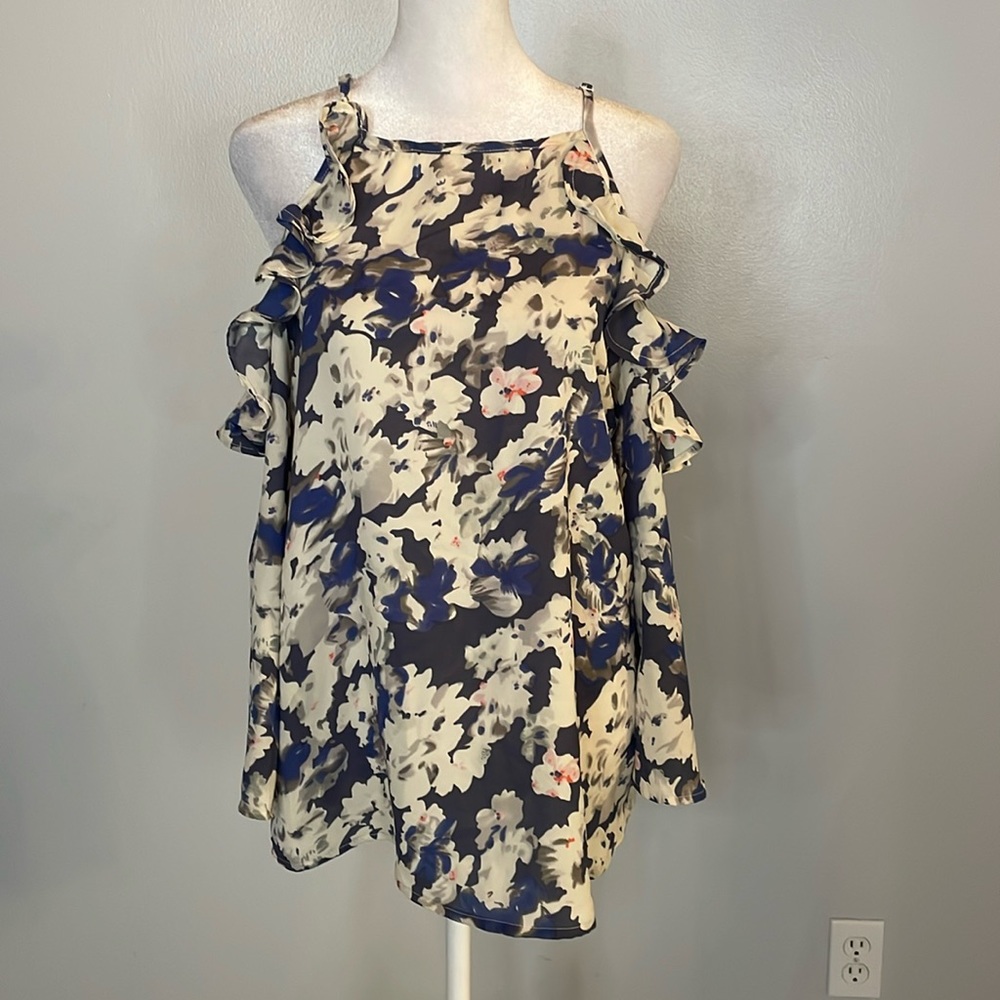[SIM & SAM] Blue Floral Cold Shoulder Blouse - Size Medium NWT